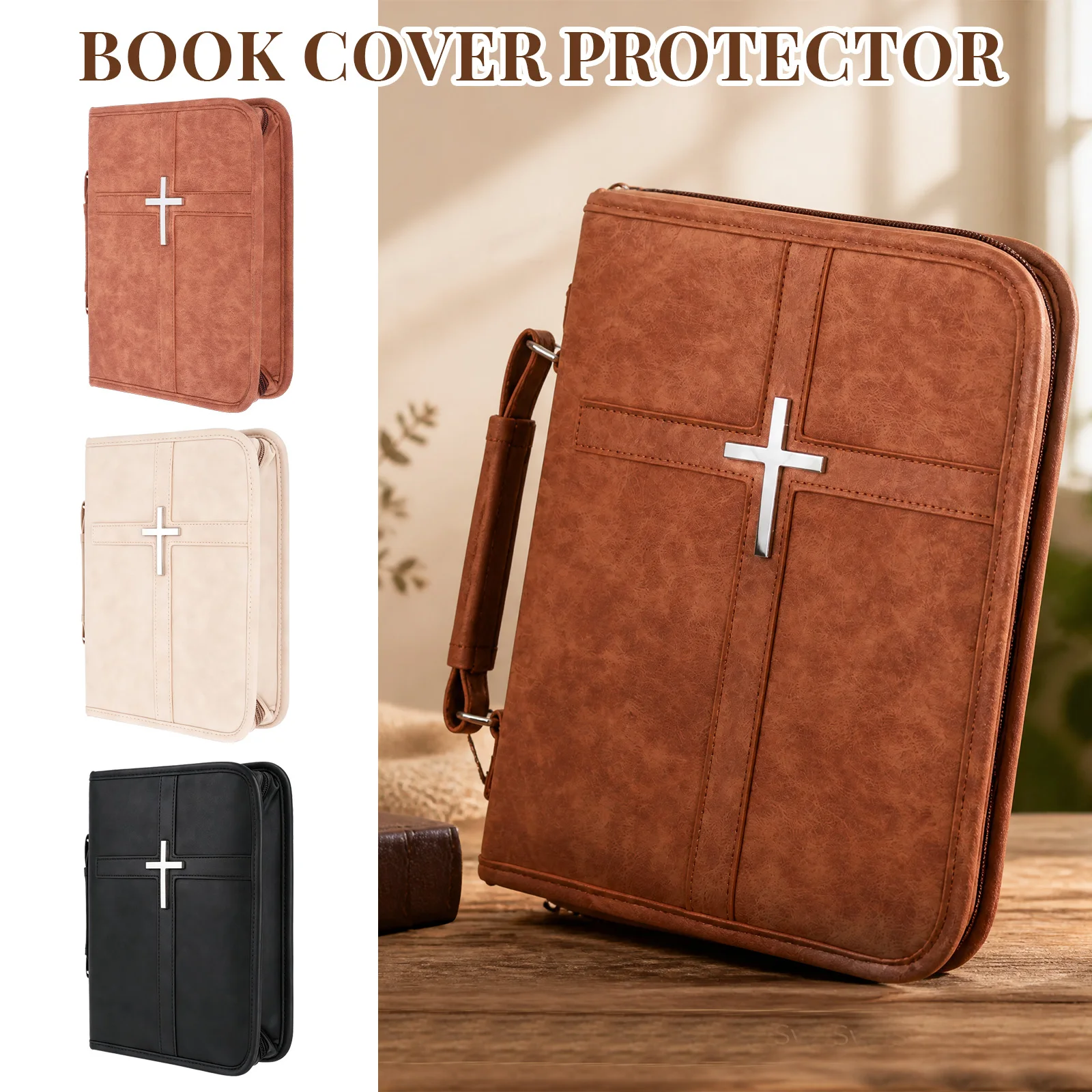 Housse de Bible en cuir PU avec poignée, motif croix, sac de rangement portable pour livres, étui imperméable pour Écritures, idéal pour les voyages