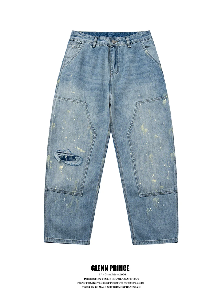 

Washed Vintage Woodcut Men's Jeans Trendy Wide Leg Micro Cone Workwear Long Trousers Street Style Cotton Polyester Blend