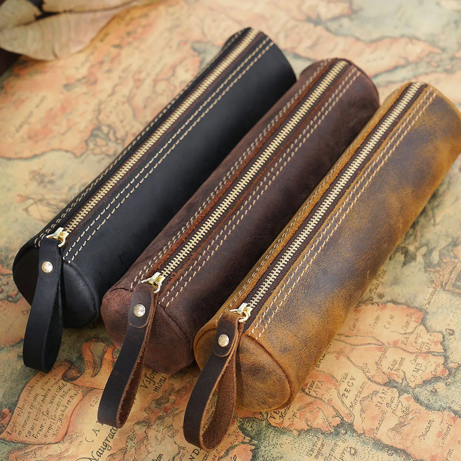 Handmade Genuine Leather Stationery Storage Bag Pen Pencil Ball Pen Signing Pen Pouch Student Exam Stationery Storage Bags