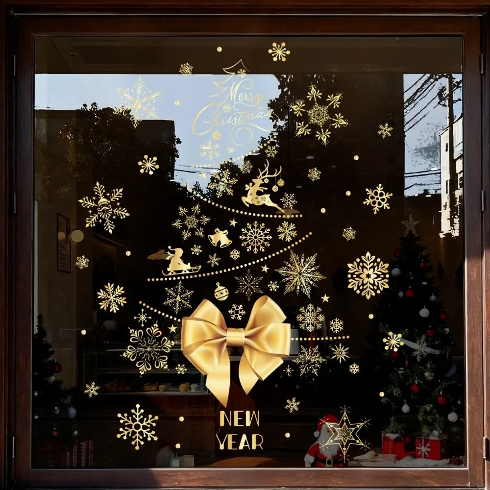 Golden Snowflake Christmas Tree Window Sticker Bowknot Elk Deer Large Christmas Tree Wall Sticker PVC Waterproof