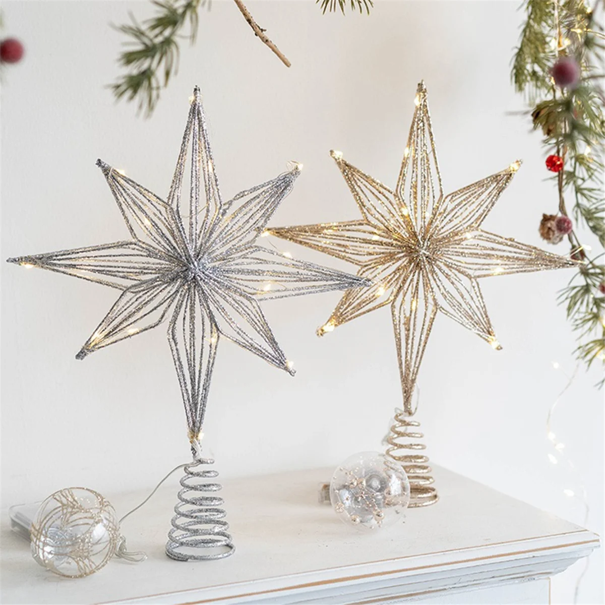 Toppers de sapin de Noël en forme d'étoile, lampe à LED, décorations de Noël pour la maison, lecture d'ornements, étoile pointue, lumière d'arbre, argent
