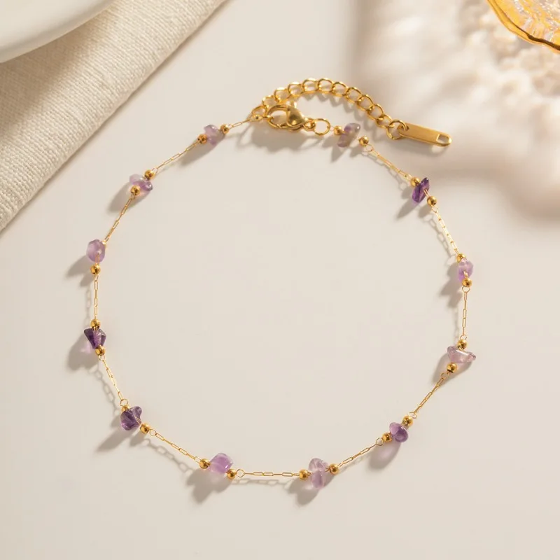 

Summer Korean New Purple Natural Stone Crushed Stone Feet Chain for Women Stainless Steel Personalized Feet Chain Jewelry Gift