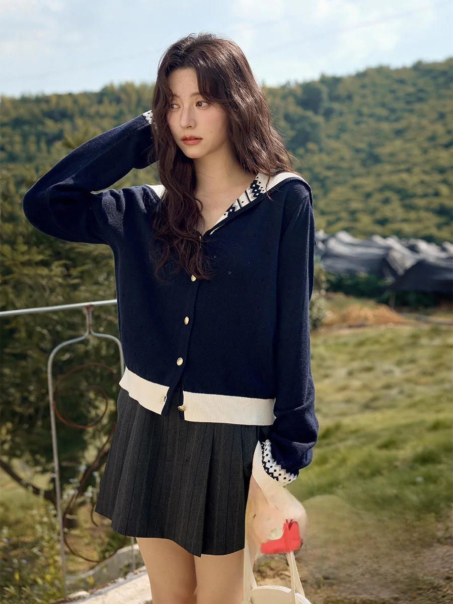 

Уникальный вязаный темно-синий воротник, синий кардиган, женский модный повседневный осенний свитер из полиэстера, акрила, нейлона, шерсти