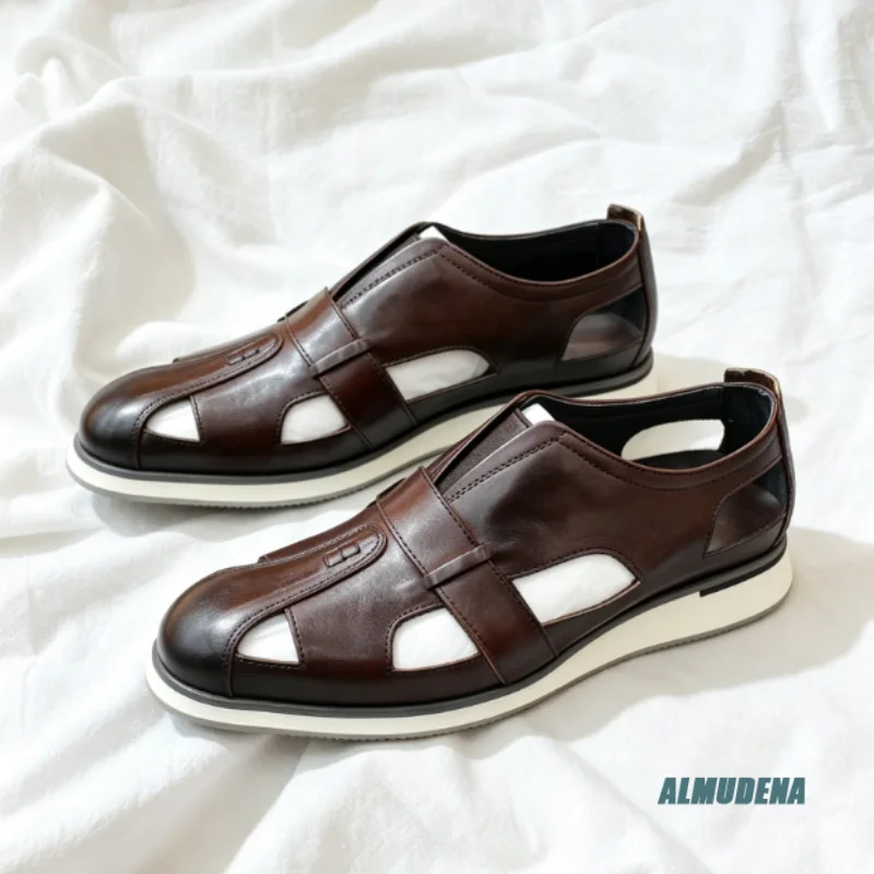 Street Style Men's Round Toe Sandals Breathable Hollow Cutout Leather Slip On Outdoor Trendy Versatile Summer Daily Casual Shoes