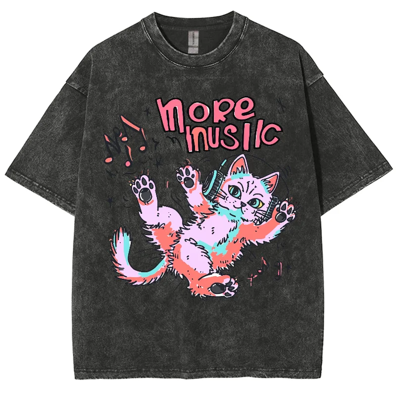 Unisex música gato gráfico lavado t-shirt, T-pescoço extragrande, rua Hip Hop, manga masculina e feminina, casal universitário, topo Y2K