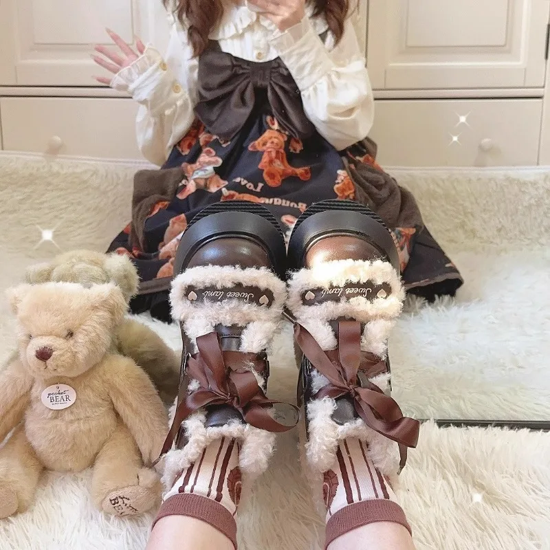 2025 Winter Platform Shoes Lolita Women Boots Plush Lovely Japanese Style Leather Shoes College Pink Bow Thick Sole Ladies Boot