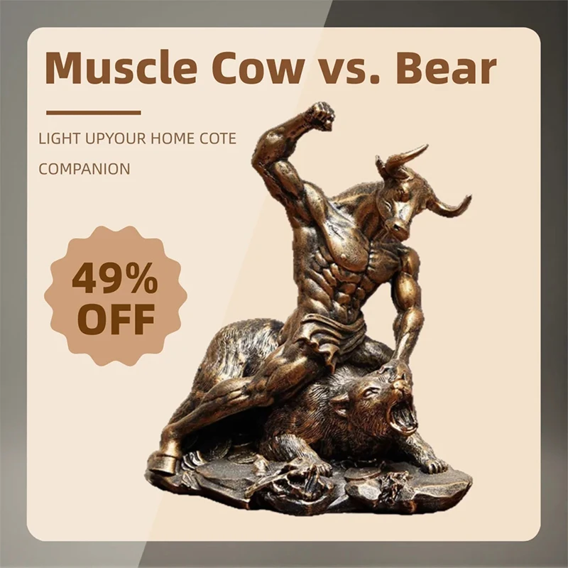 Resin Muscle Cow vs. Bear Sculpture statue Creative Home Room Office Table decoration and accessories Animal Figurines