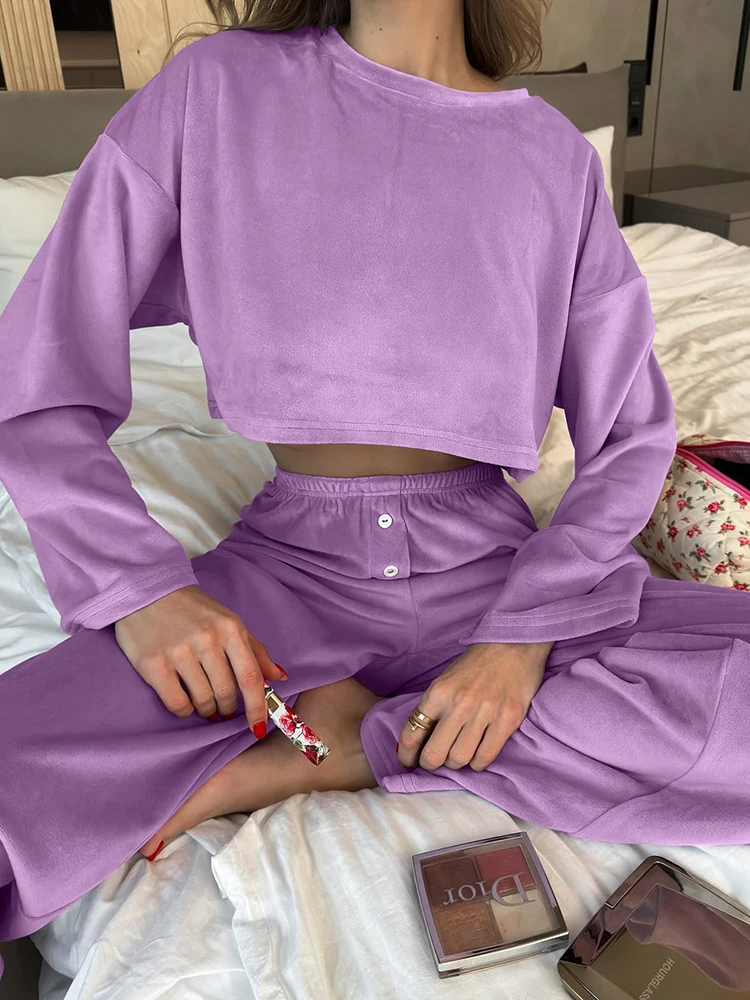 Hiloc Knitted Pajamas For Women 2 Piece Sets O Neck Long Sleeve Crop Top Casual Female Trouser Suits Purple Sleepwear Autumn