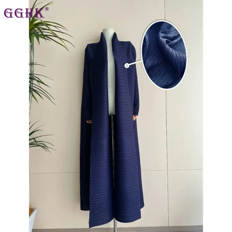 GGHK Pleated Women Luxury Robe Lapel Solid Color Vintage Cardigan Loose Large Size Original Design Arabian Female Abaya 2025