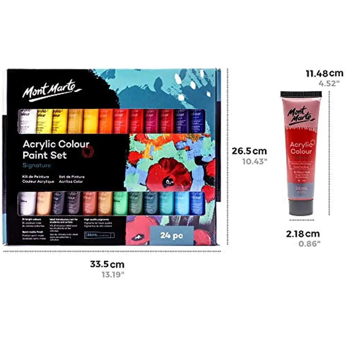 Mont Marte Acrylic Paint Set 24 Colours 36ml, Perfect for Canvas, Wood, Fabric, Leather, Cardboard, Paper, MDF and Crafts