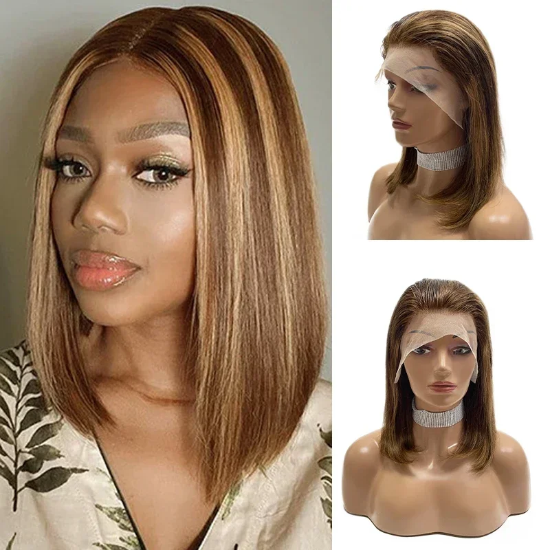 

8-14inch 100% Human Hair P4/27# 13x4 Lace Frontal Wigs Pre Plucked Natural Hairline Wig 150% Density Women Straight Bob Lace Wig