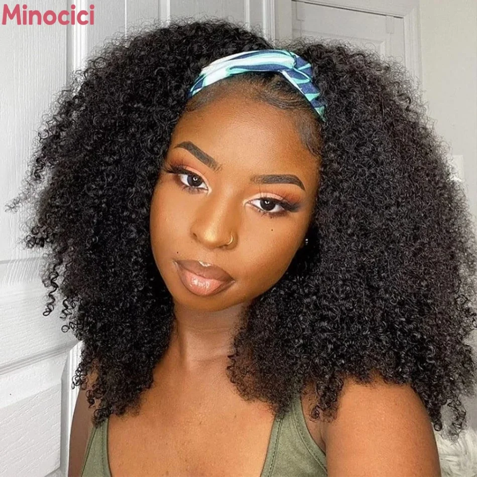 Kinky Curly Headband Wig Human Hair For Women Brazilian Real Virgin Hair Full Machine Made Wig Natural Black Glueless Wigs Hair 220% Density