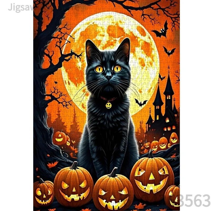 Cute Halloween Kitten Jigsaw Puzzle,Wizard Cats,Spooky Ghost Witch Hat,Pumpkin Lantern Art Puzzle Home Wall Decor
