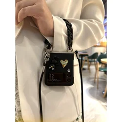 For Samsung Galaxy Z Flip 7 6 5 4 3 5G Fashion Cute Bear Love Shockproof Black Case Cover With Crossbody Long Strap Hand Chain