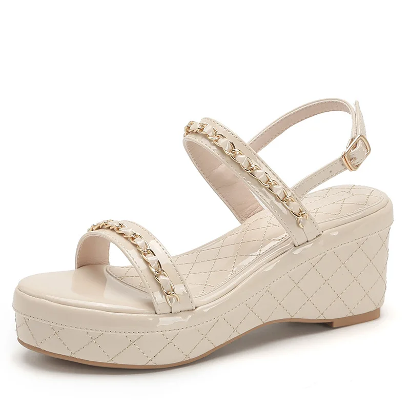 Sandal Wedges wanita, sepatu terbuka, Platform musim panas dengan rantai logam 31-39