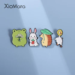 Cute Animals Enamel Pins Metal Brooches Frog Hedgehog Rabbit Goose Fashion Lapel Badge Backpack Clothes Jewelry Gift for Friends