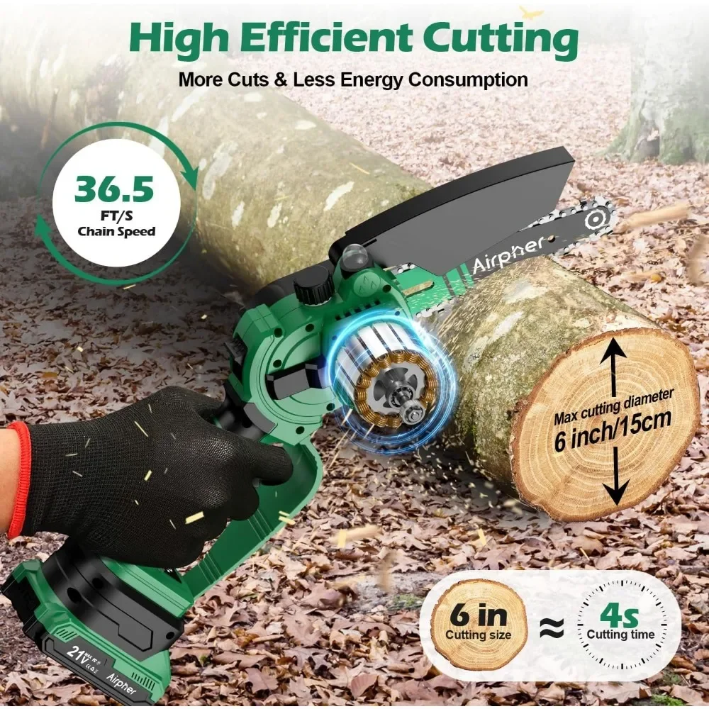 Mini Chainsaw 6 Inch, Electric Chainsaw Upgraded Brushless, 2 * 21V 2500mAh Batteries, Portable Handheld Electric Chain Saw