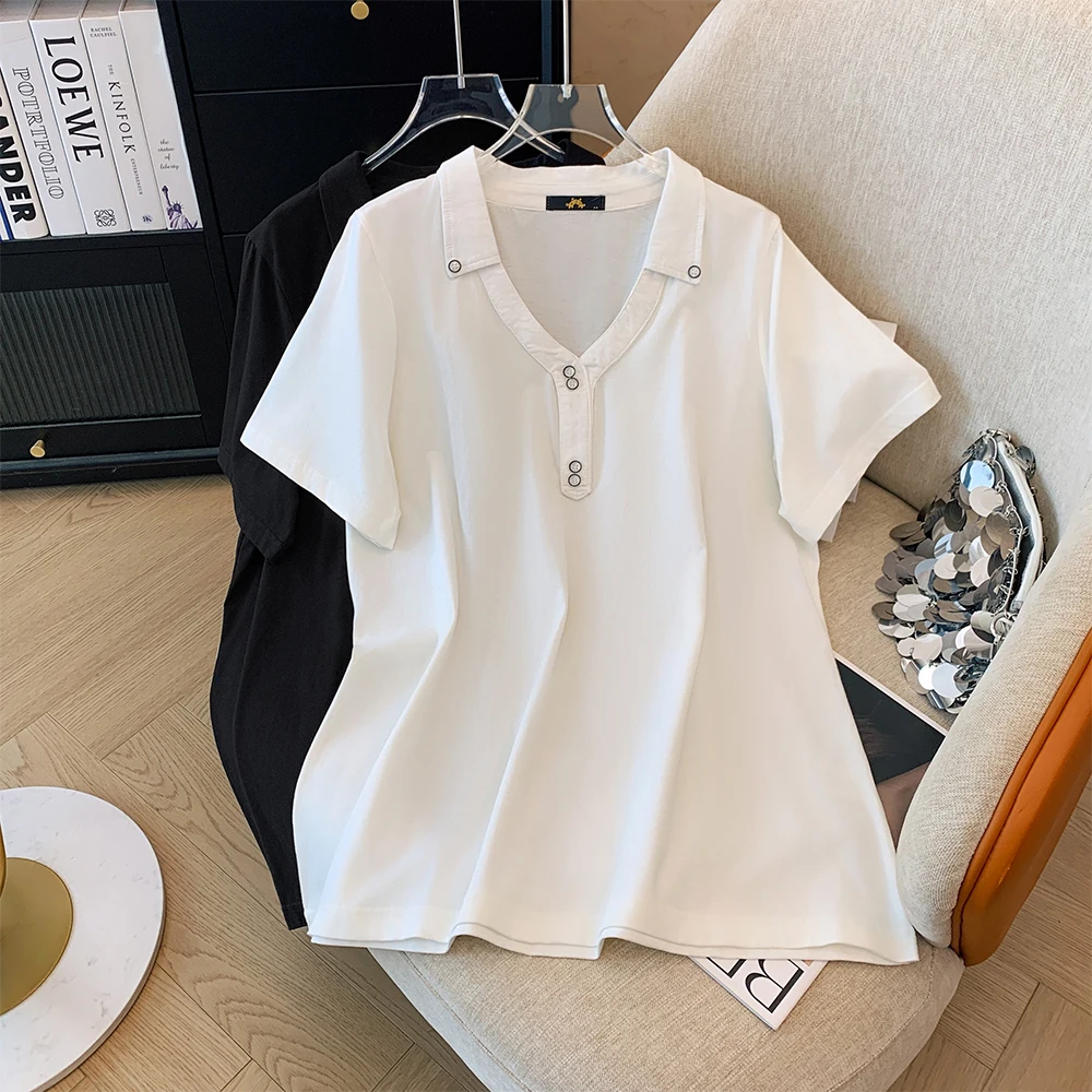 

Summer plus size casual cotton short-sleeved T-shirt V-neck solid color simple buttons decorated women's commuter top 2024 new