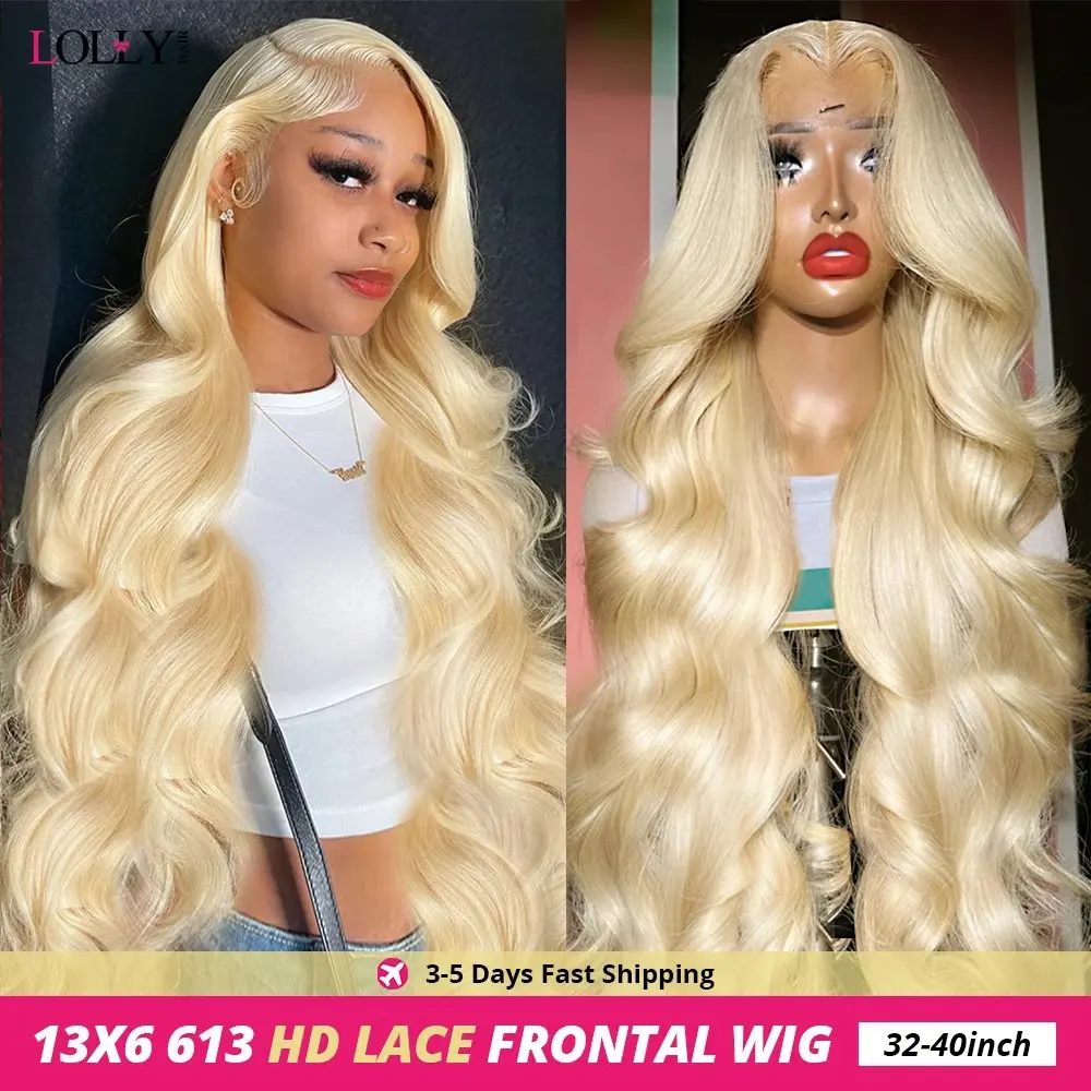 Blonde 613 HD Lace Wig 13x6 Human Hair 13X4 Frontal Blonde Colored Body Waves Glue-Free Waves 150 Density 32 Inch Wig