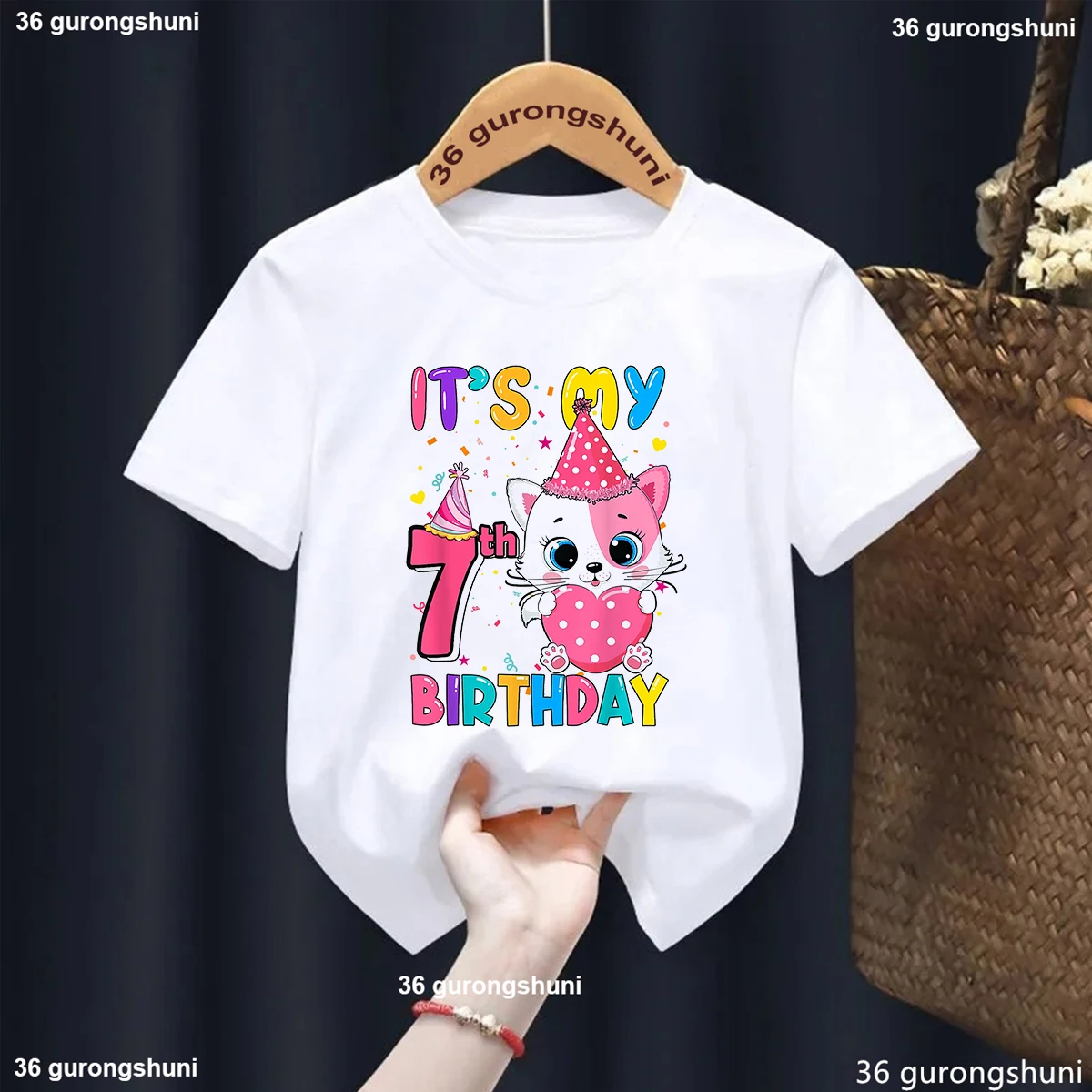 

It Is My 7th/8th Birthday Gift Cat Graphic Print T Shirt Girls/Boys Kawaii Kids Clothes Funny White T-Shirt Summer Top Tshirt