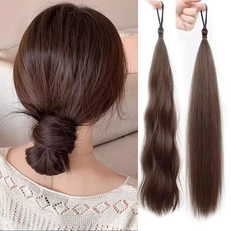 Moño de pelo sintético DIY, coleta con banda de cuero, Bola de bobinado automático, cabeza, cabello rizado, moño de pelo liso, negro y marrón