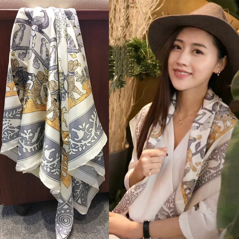 

Высококачественный элегантный женский двусторонний принт «Королевство животных», качество 14 мм, саржевый шелк, скрученный вручную край, большой квадратный шарф, шаль