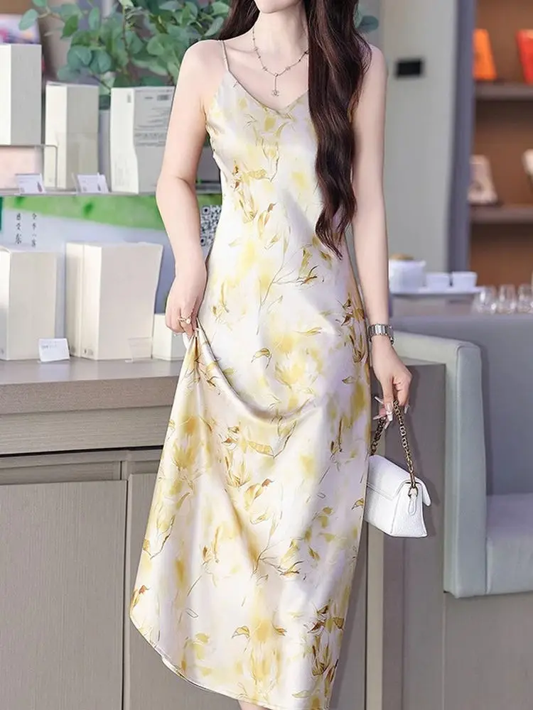 فستان صيفي Ele عالي الخصر على شكل حرف a Dr للنساء من الحرير والساتان مطبوع ثنيات طويلة منقوشة بالزهور Dr V-Ne Svel