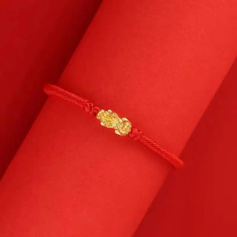 

1PCS Pure 24K Yellow Gold Jewelry Real 24K Yellow Gold Bracelet For Women Lucky Pixiu Black String Bracelet Lover Gift