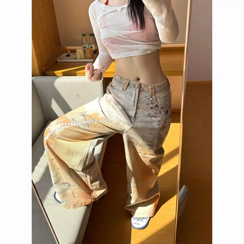 Women American Vintage Chain Print Jeans Summer Dopamine Orange Soda Wide Leg Floor‑Length Trousers Designer Casual Denim Pants