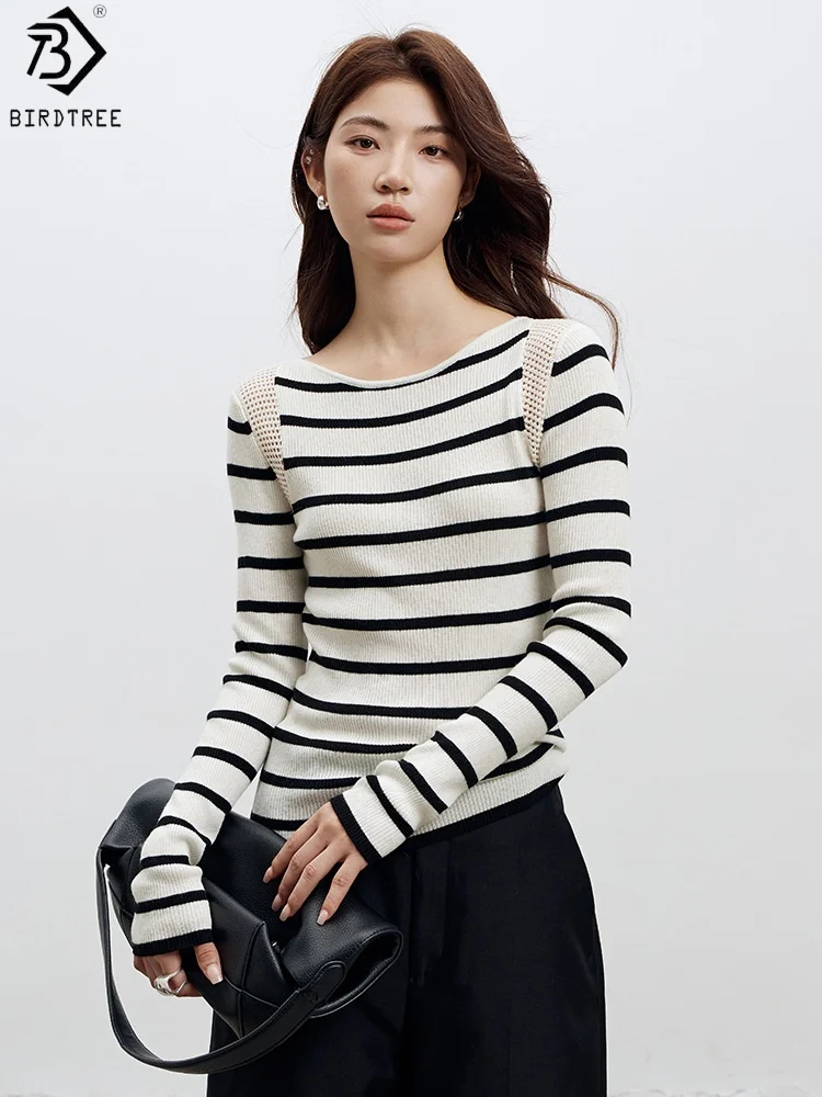 

Birdtree 32.4% Sheep Wool 30.1% Acrylic Stripe Sweater,Woman Wool Blend Boat Neck Autumn Full Sleeve Stripe Knit Tops T58511JF
