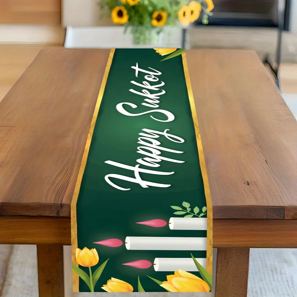 Happy Sukkot Linen Table Runner Holiday Party Decor Reusable Candles Flower Print Kitchen Dining Table Runners Sukkot Decoration