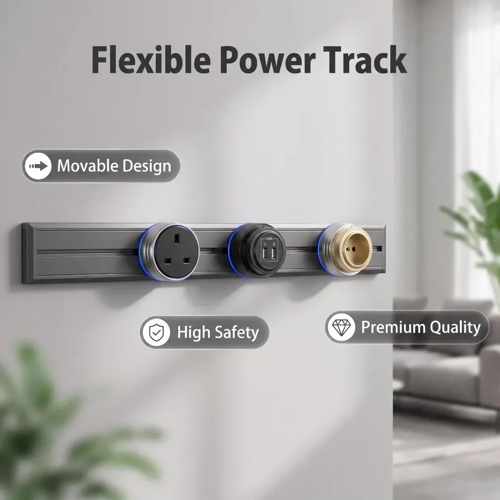 Wall Power Track Socket with Steel Frame Movable Sockets Plug Adapters USB Type C Ports for Home Kitchen Bathroom Office