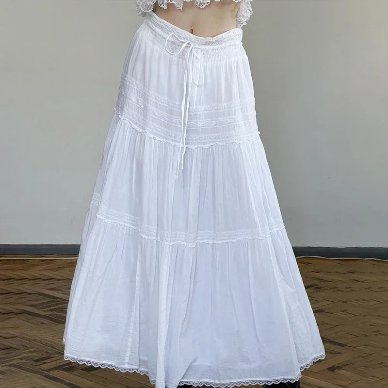 French Pleated Lace Patchwork Skirt, A-line High Waisted Long Skirt, Women's Draped Small White Skirt