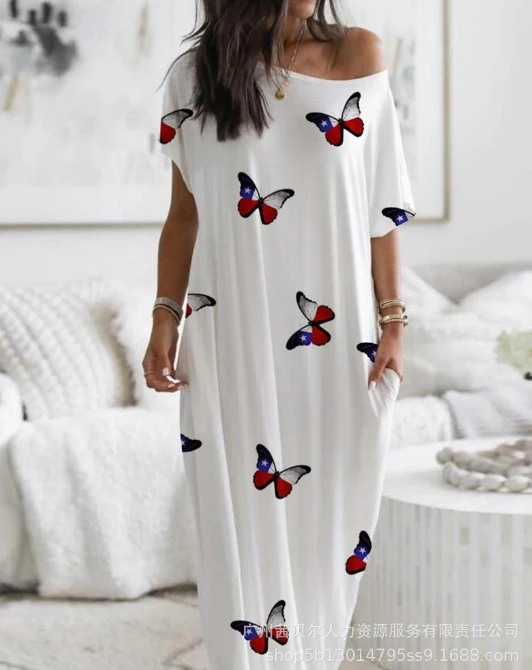 

Women's Comfortable Dress 2024 Spring Summer Latest Butterfly Print Short Sleeve Maxi Dress Sexy Elegant One Shoulder Long Skirt