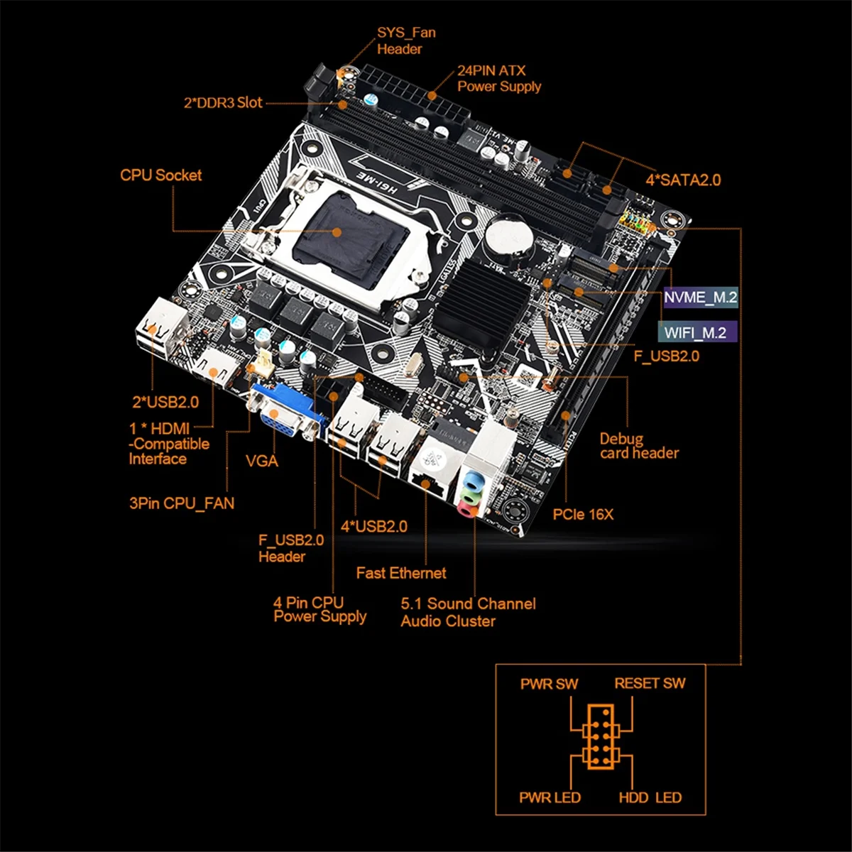 H61 Desktop Motherboard H61ME LGA1155 2XDDR3 Slots Up to 16G NVME M.2 WIFI M.2 PCI-E16X ITX H61-ME Computer Motherboard