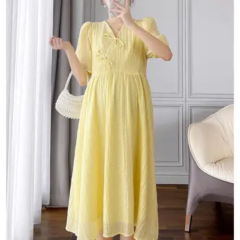 안감이 있는 임산부 파티 드레스, 우아한 원피스 단색, 긴 느슨한 임신 의류, 2024 여름 패션 