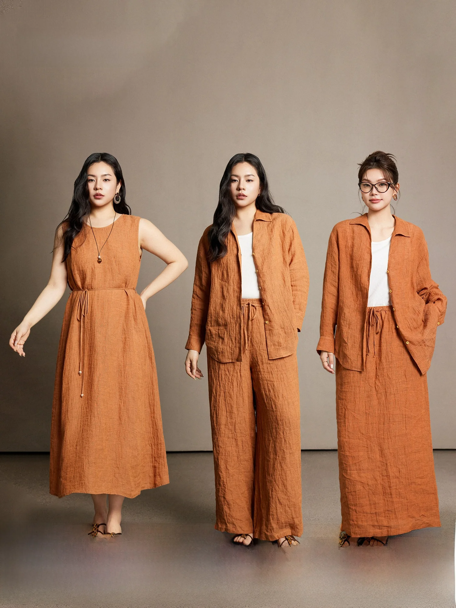 

Plusmall Orange Breeze Casual Linen Shirt Straight Leg Half Skirt Vest Dress Spring Collection Women's plus Size Fashion Set