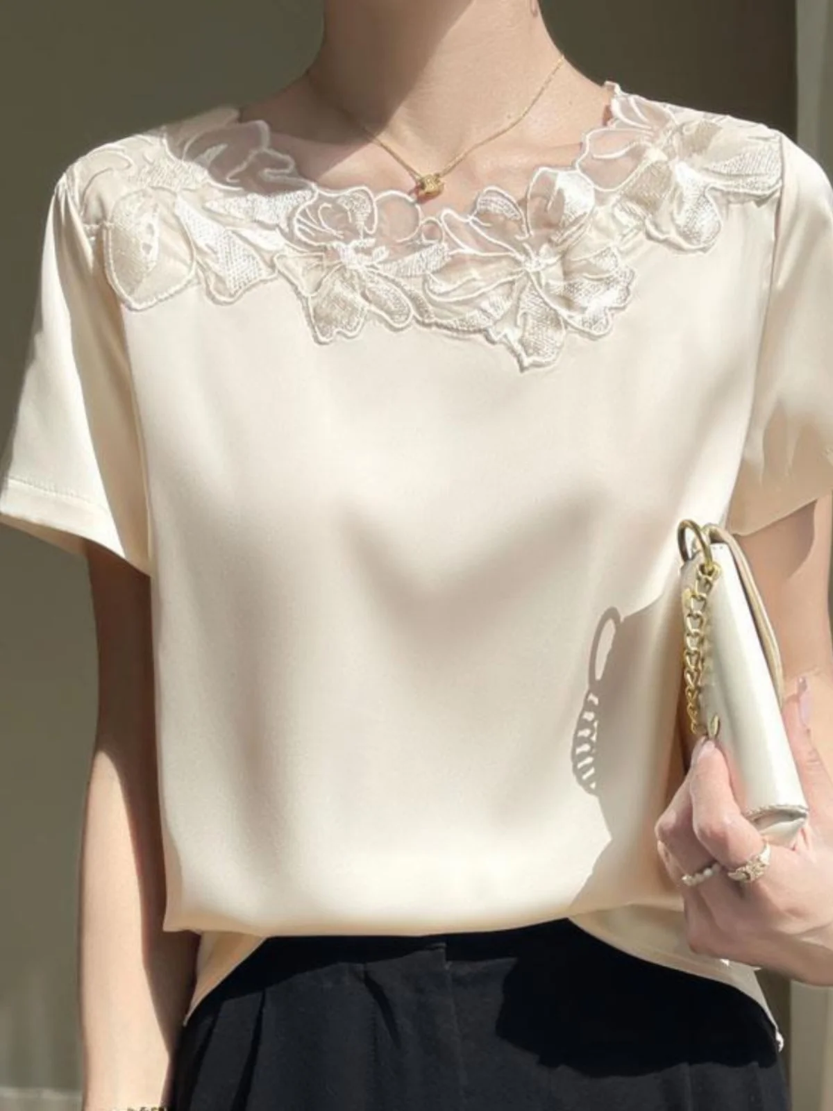 

Шелковая кружевная футболка с вышивкой ort Sve, женская свободная атласная футболка из натурального шелка, большой размер, летняя новая женская мода