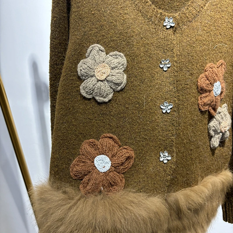 2025 여성 겨울 두꺼운 리얼 폭스 퍼 여성 패션 가을 스웨터 니트 싱글 브레스티드 코트