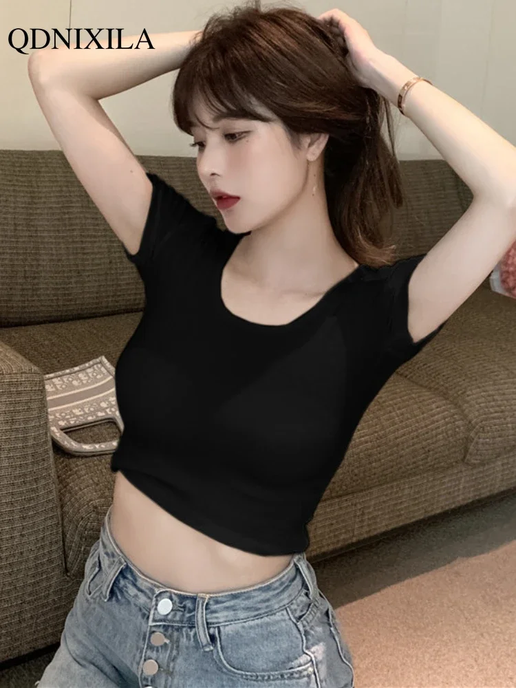 2024 Women's T-shirt Summer New Slim O-neck Short Sleeve Bottoming Shirt Fashion Casual Pullover Crop Top Korean Woman Clothing