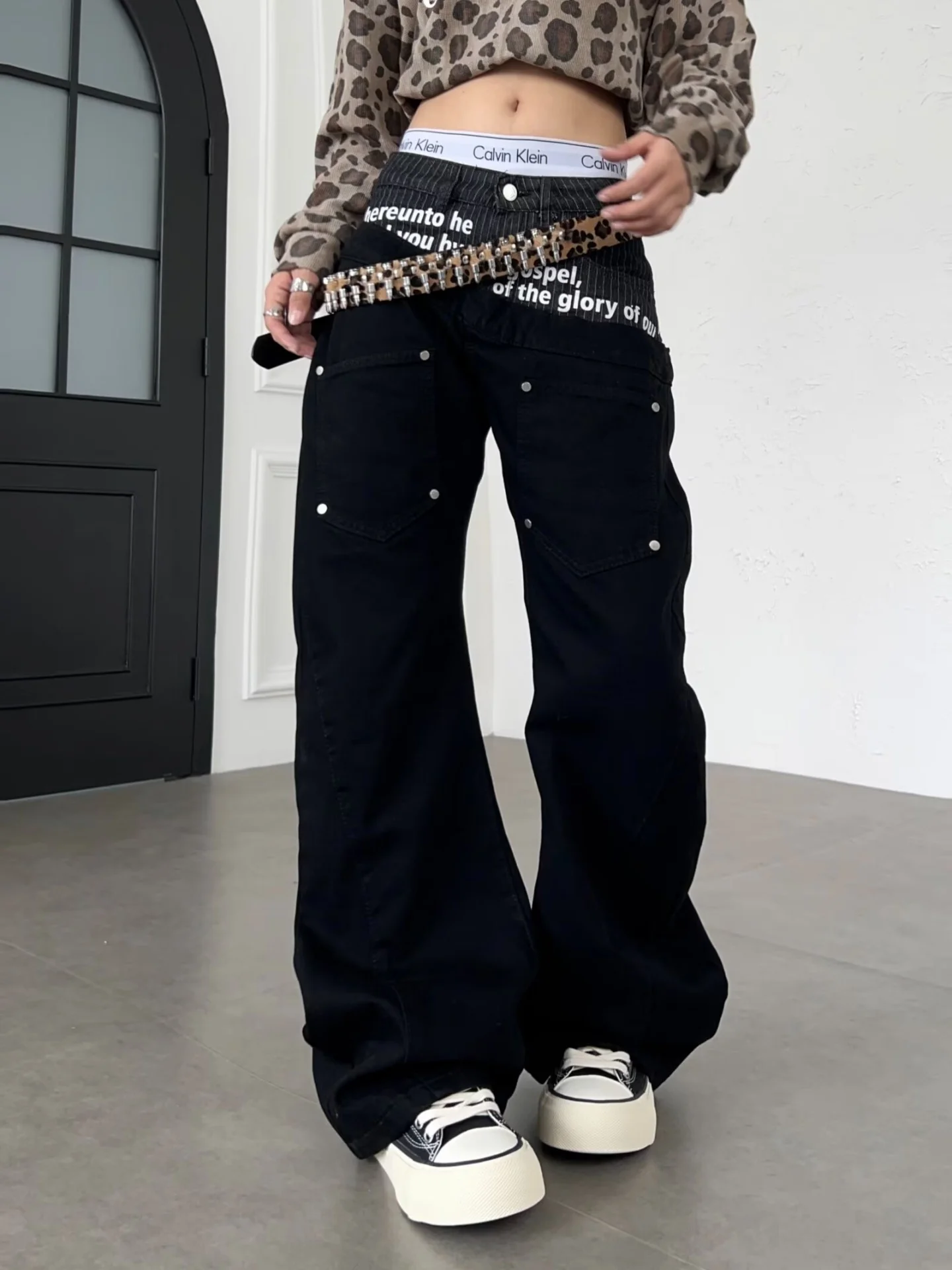 Black Bell Bottom Denim Jeans Men's Y2k Spicy Girl American Street Double Waist Head Workwear Pants Autumn Fashion Trend