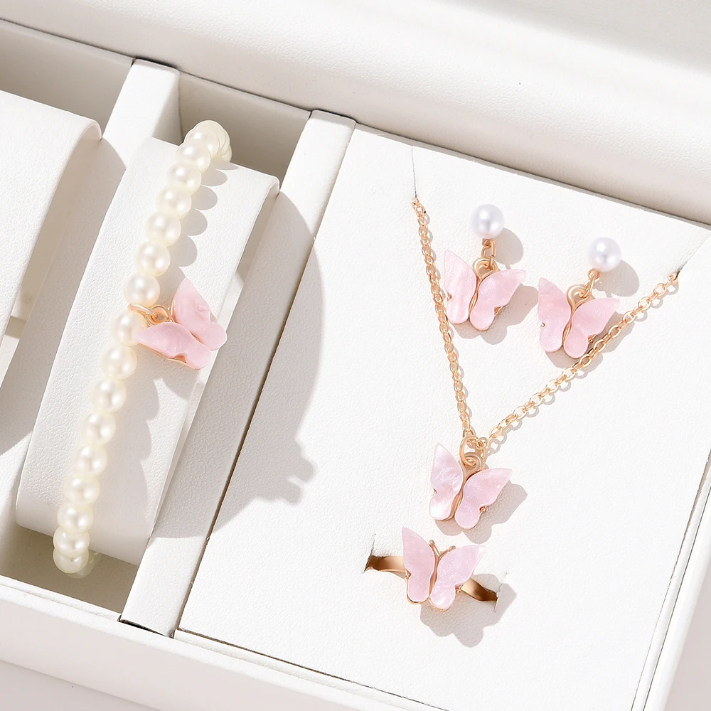5 Stück Schmetterling gemustert Frauen Perle Armband Ring Ohrring Halskette Set niedlich vielseitig