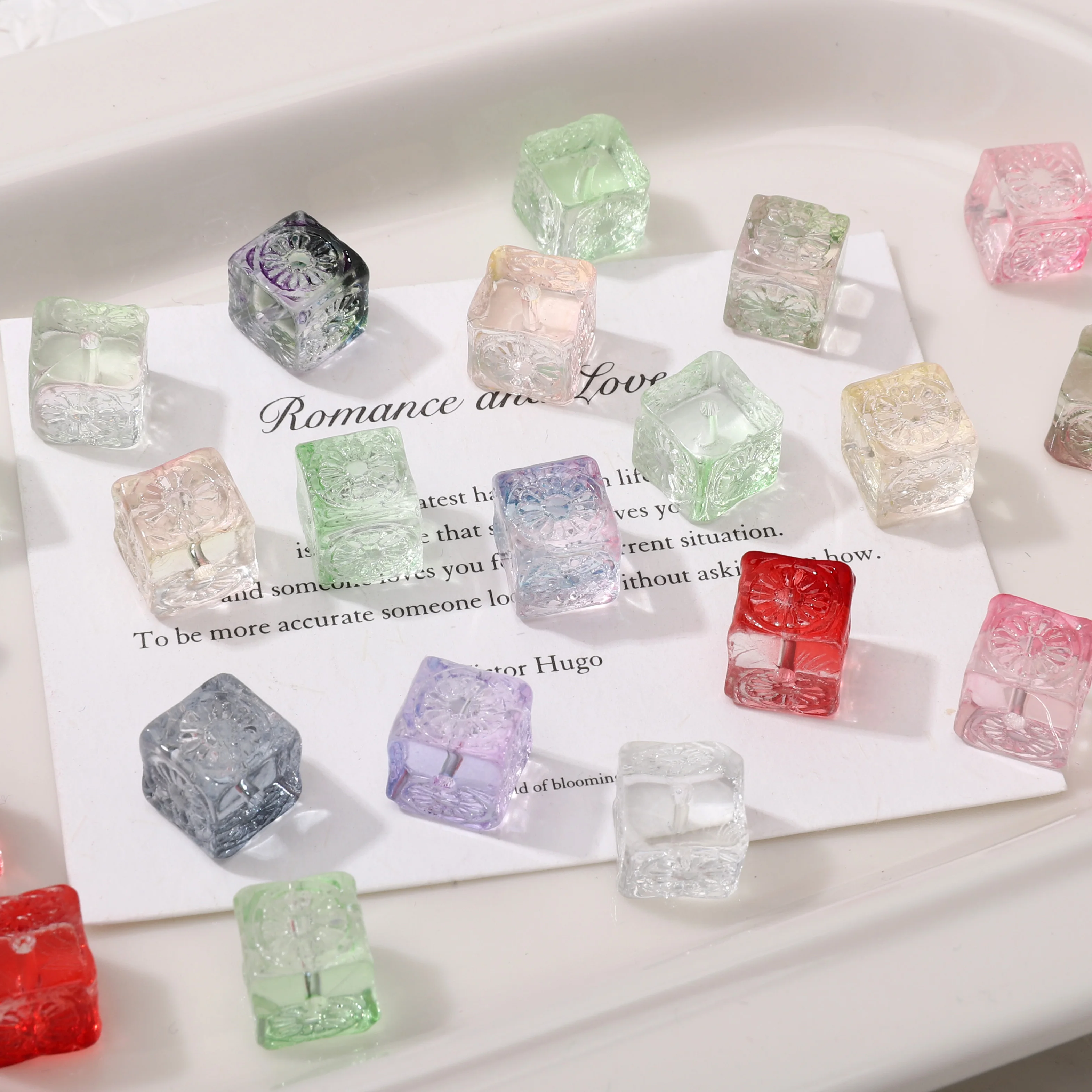 5pcs 11mm Exquisite Bright Transparent Colorful Patterned Glass Cube Beads Suitable For DIY Basic Bracelets Handmade Decoration