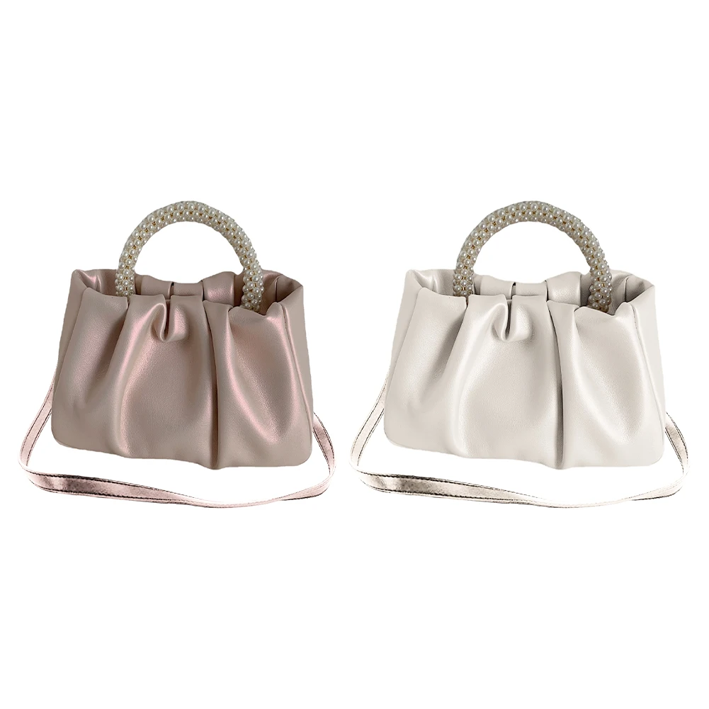 Mini bolsas de couro PU com alça de pérola para mulheres, bolsa para celular, Ruched, sólido, moda, bolsa de baile para meninas, festa, doce, senhoras