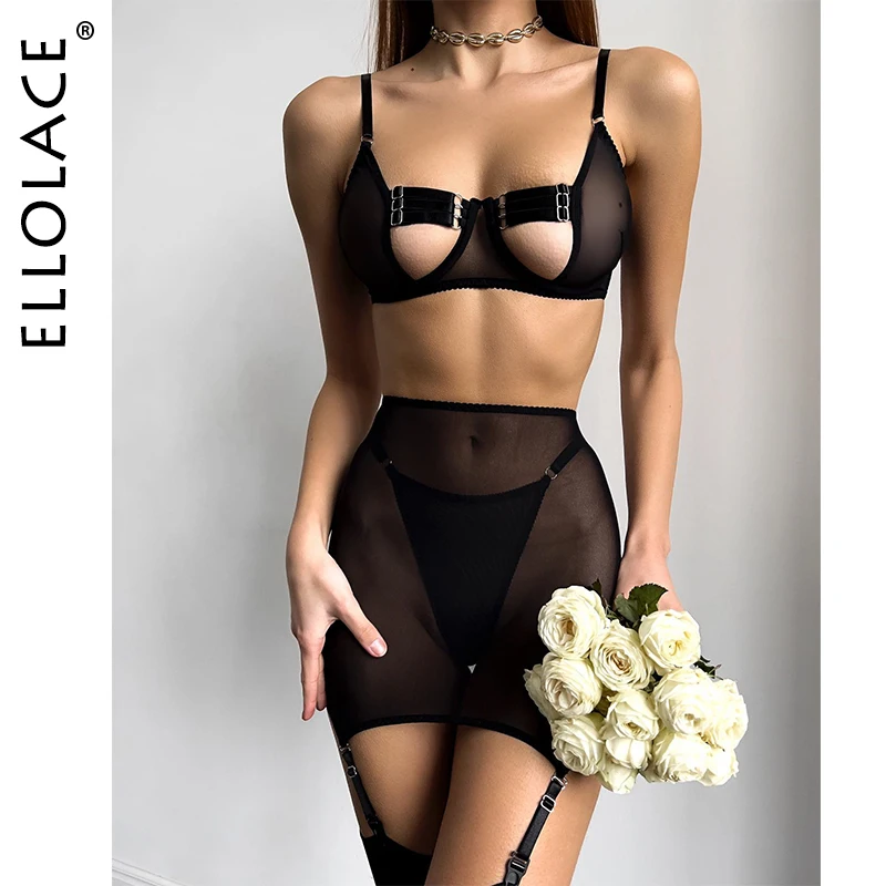 Ellolace sensuale Lingerie Cut Out reggiseno giarrettiera Lace Up Bandage Sissy Underwear 4 pezzi set esotici maglia trasparente intimo