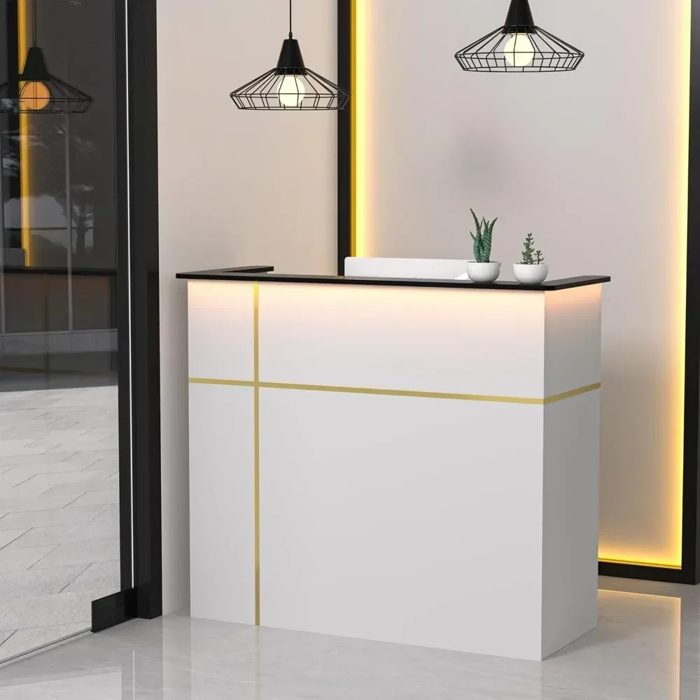 Reception Desk with Counter, 50-inch Checkout Counter with LED Lights Modern Front Table Equipped Lockers & Storage Shelves