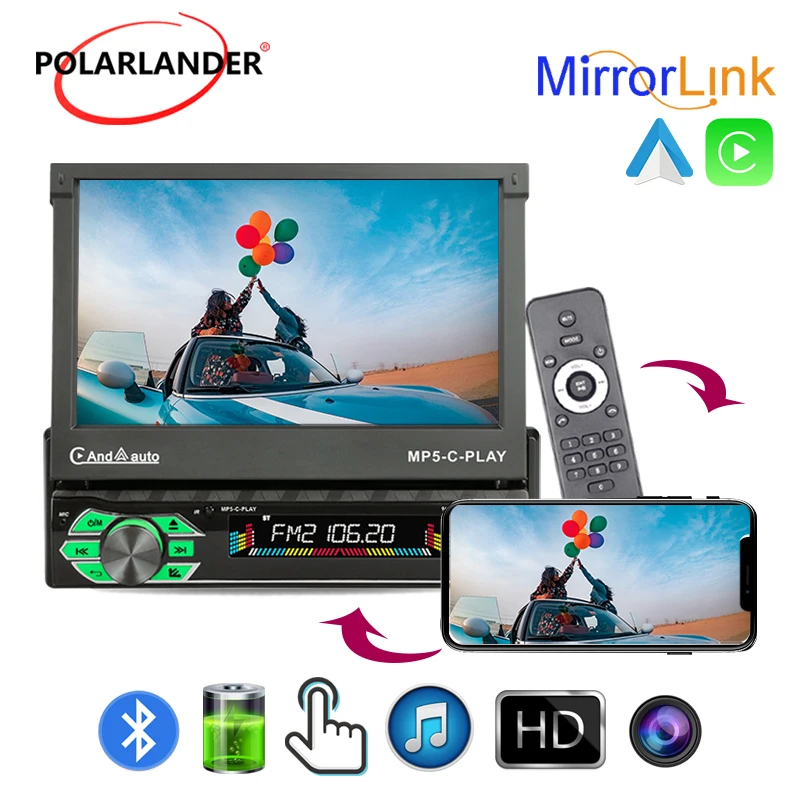 

Automotive Radio 1Din 7" Electric Telescopic Touch Screen Bluetooth 4.2 Carplay Mirror Link AI Voice Super Clear Reversing Image