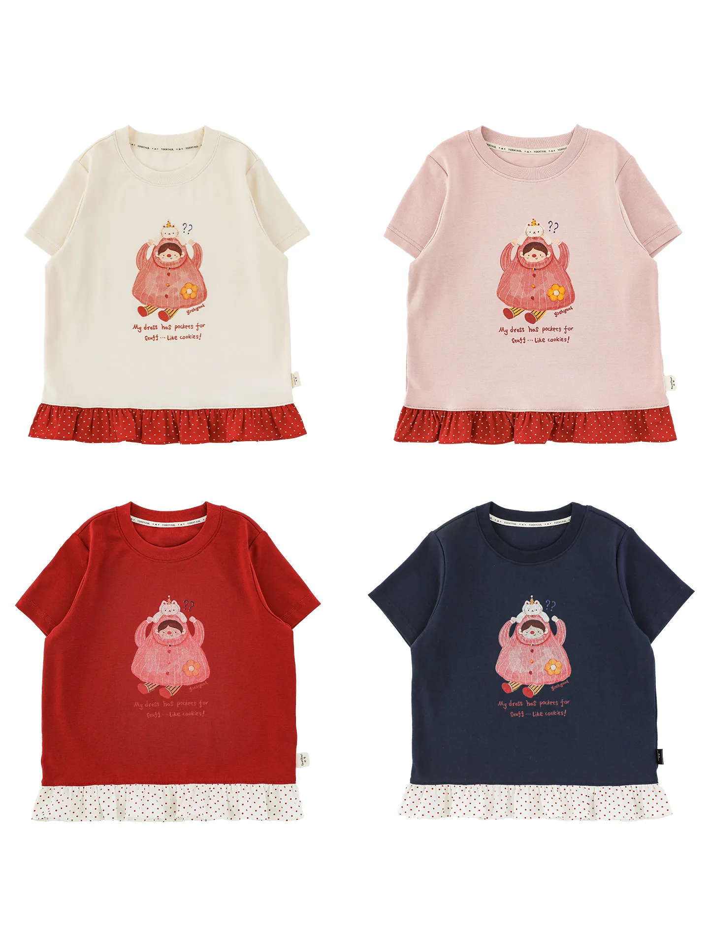 Girls Cartoon Print T-Shirt Summer Polka Dot Patchwork Ruffle Trim Ribbed Crew Neck Kids Short Sleeve Tee