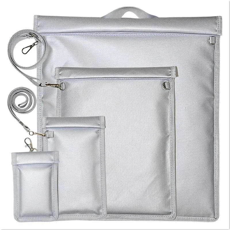 Gray 4pcs/set Waterproof and Fireproof Signal Shielding File Bag with Wrist Diagonal RFID Faraday