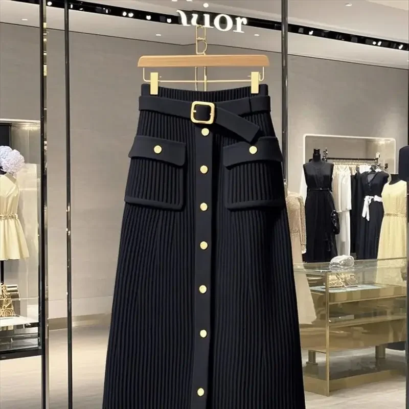 Elegant Office Lady High Waist Wrapped Knitted Skirts Autumn New Fashion Single Breasted Slim Temperam Wool Midi Skirt